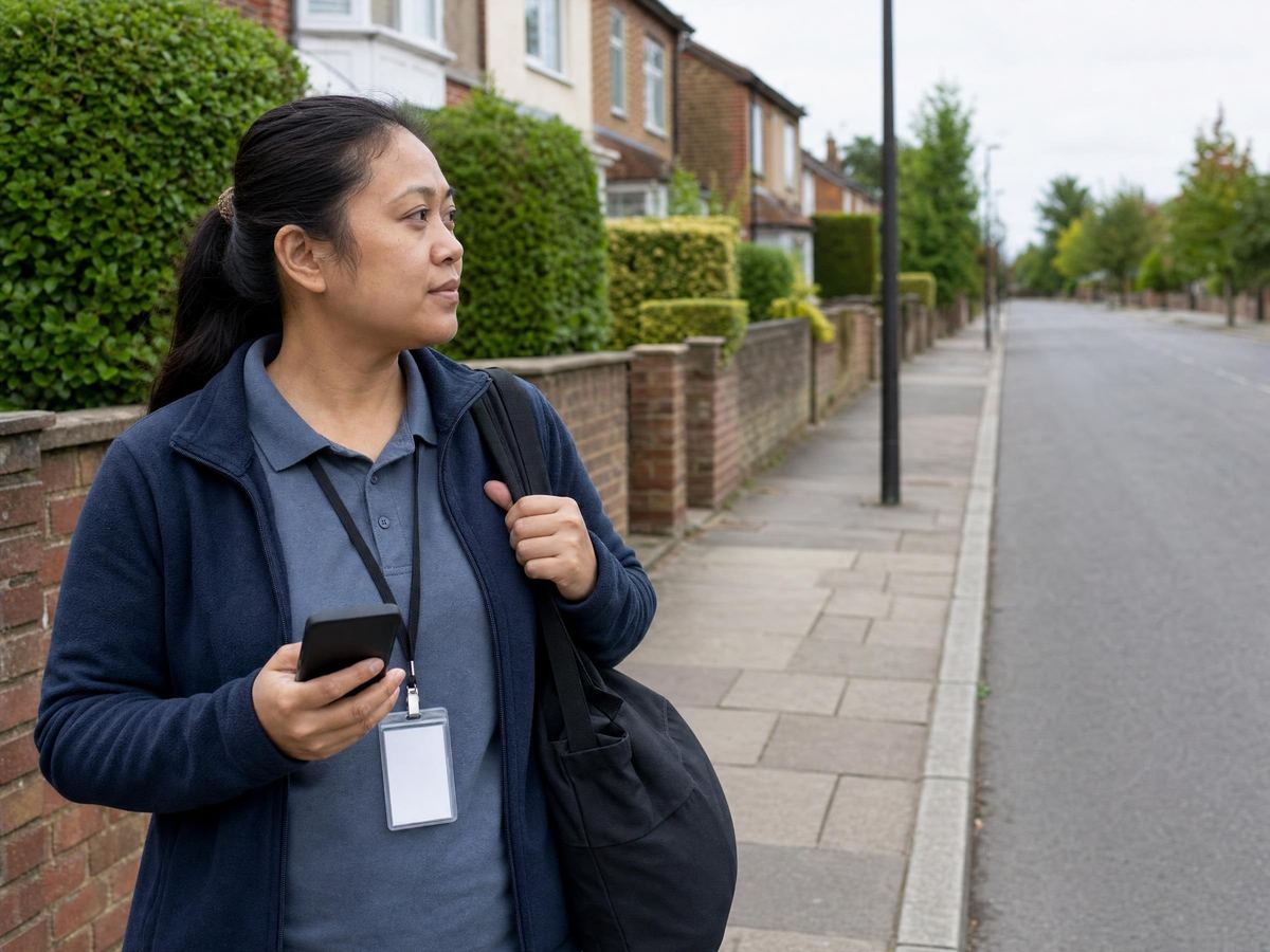 Community care worker checking her visit schedule between calls