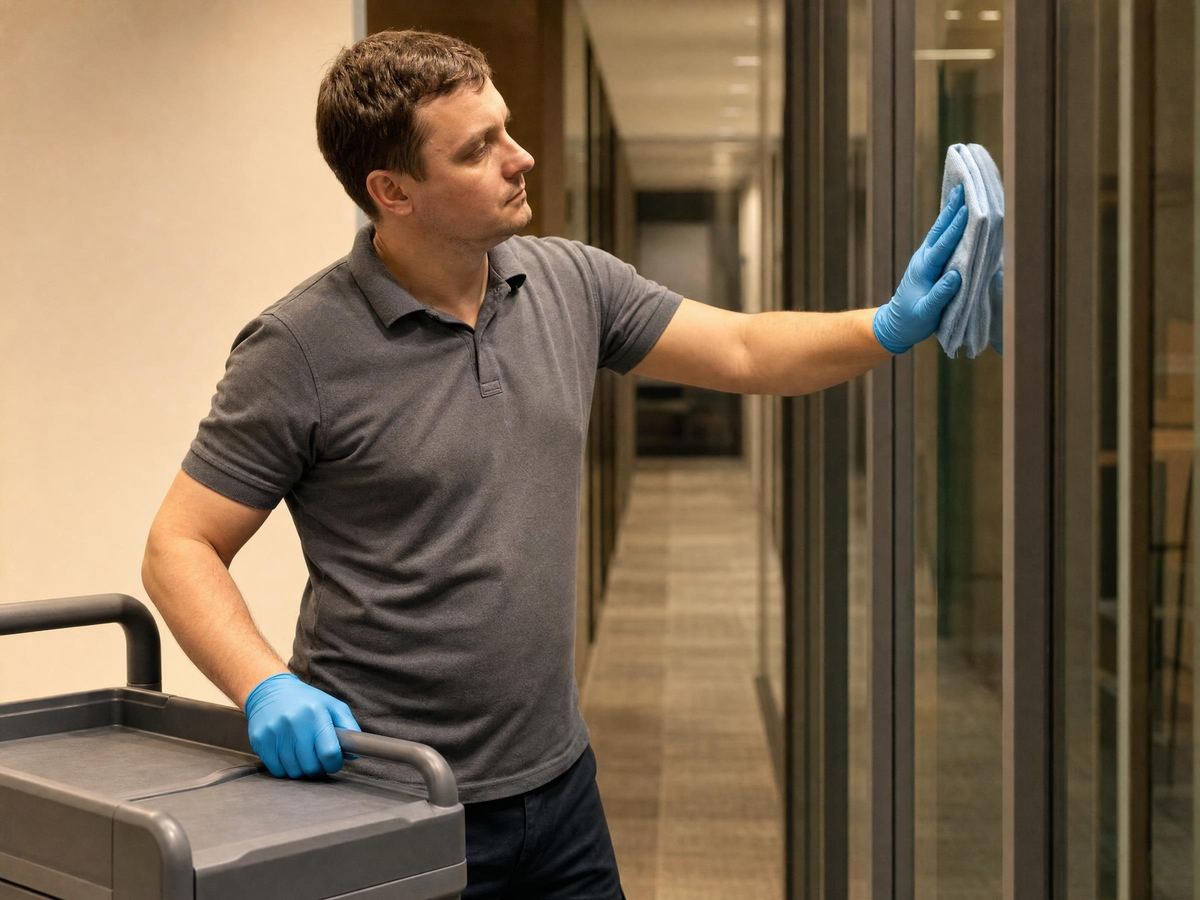 Cleaning operative wiping down a glass office partition during an evening clean