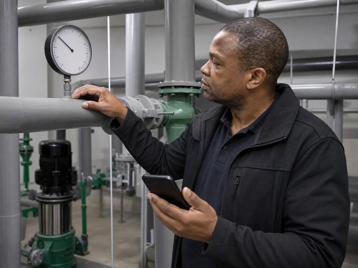 Facilities operative completing a building check in a plant room