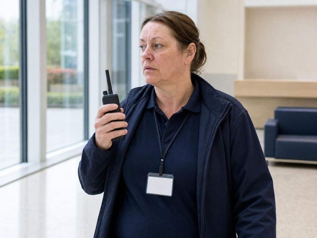Security officer walking her route through the reception of a commercial building