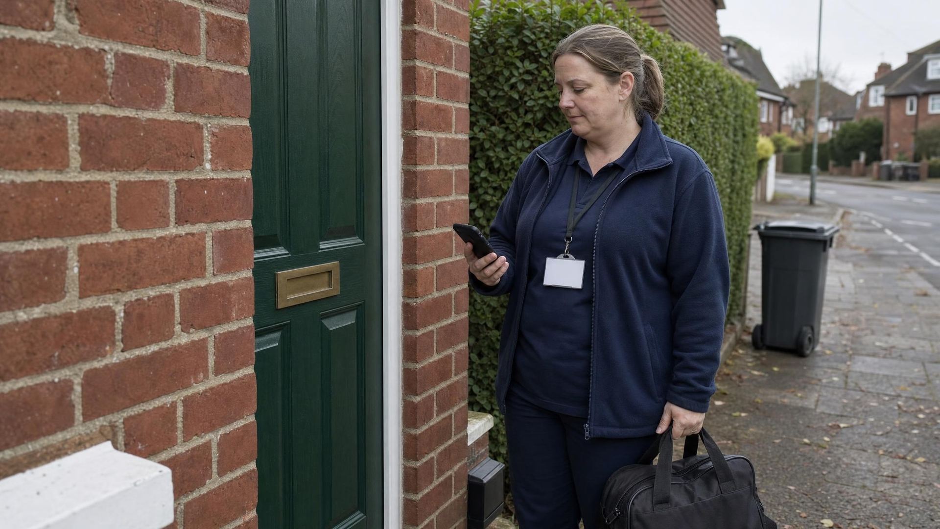 Care worker arriving for a scheduled home visit and checking the round on her phone
