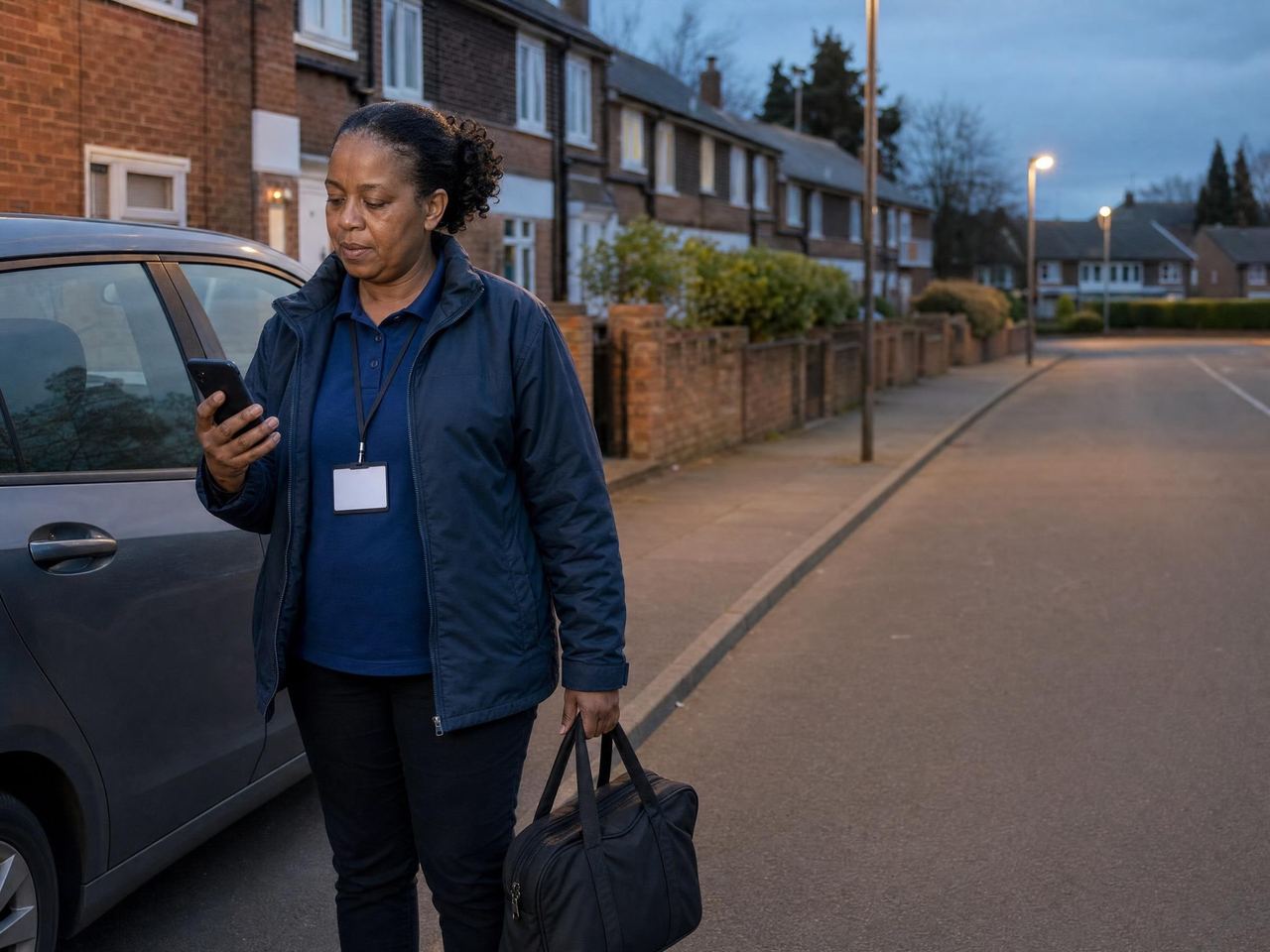 Care worker starting a safety check-in before a solo evening visit