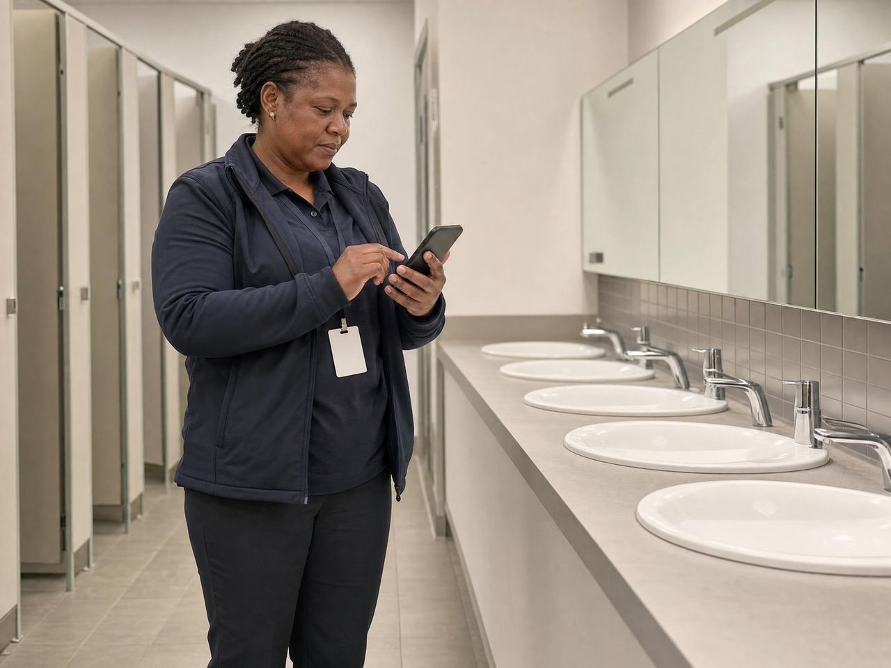 Cleaning supervisor scoring a site inspection on a phone during a contract visit