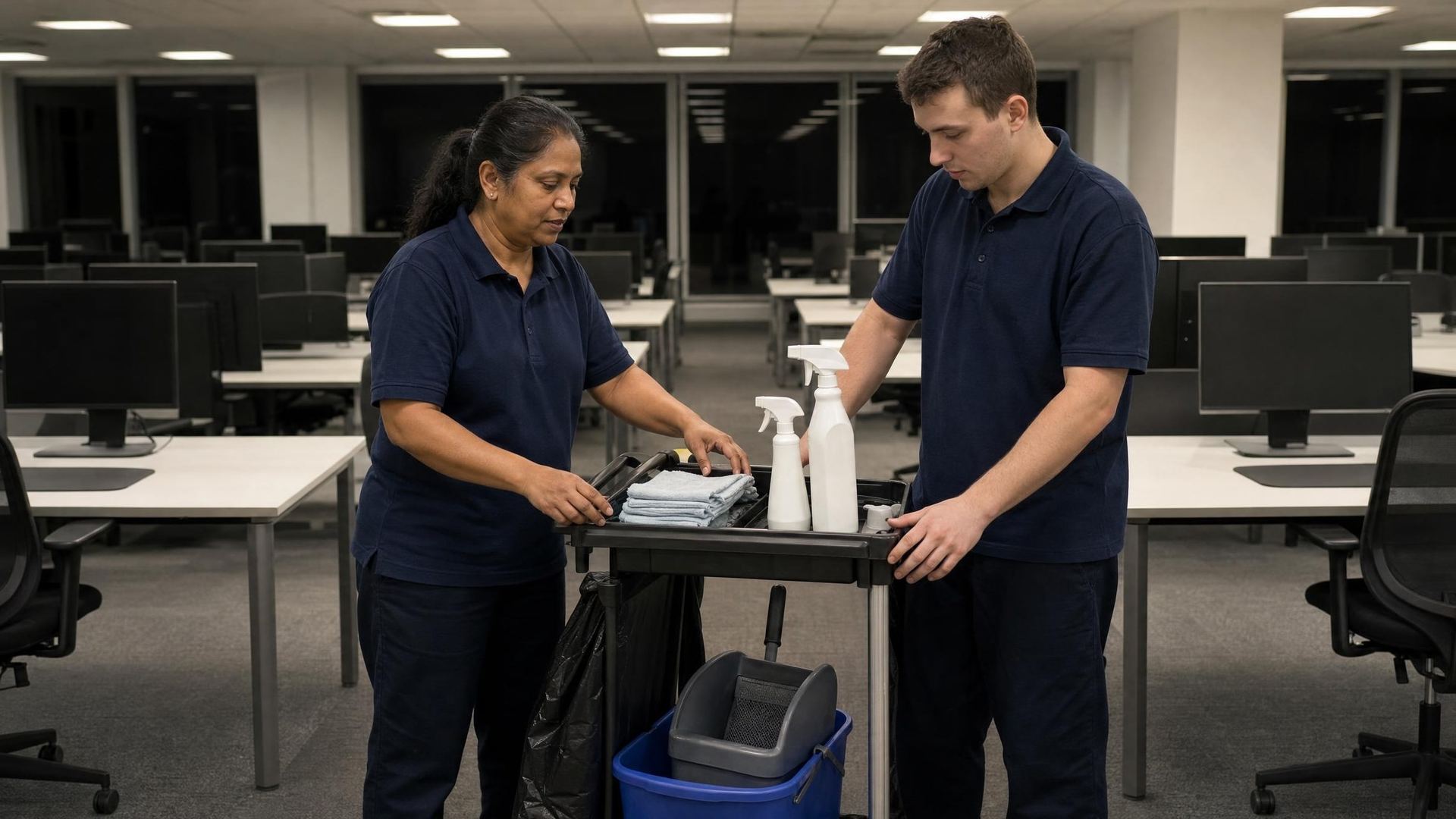 Cleaning team starting an evening contract clean in an office building