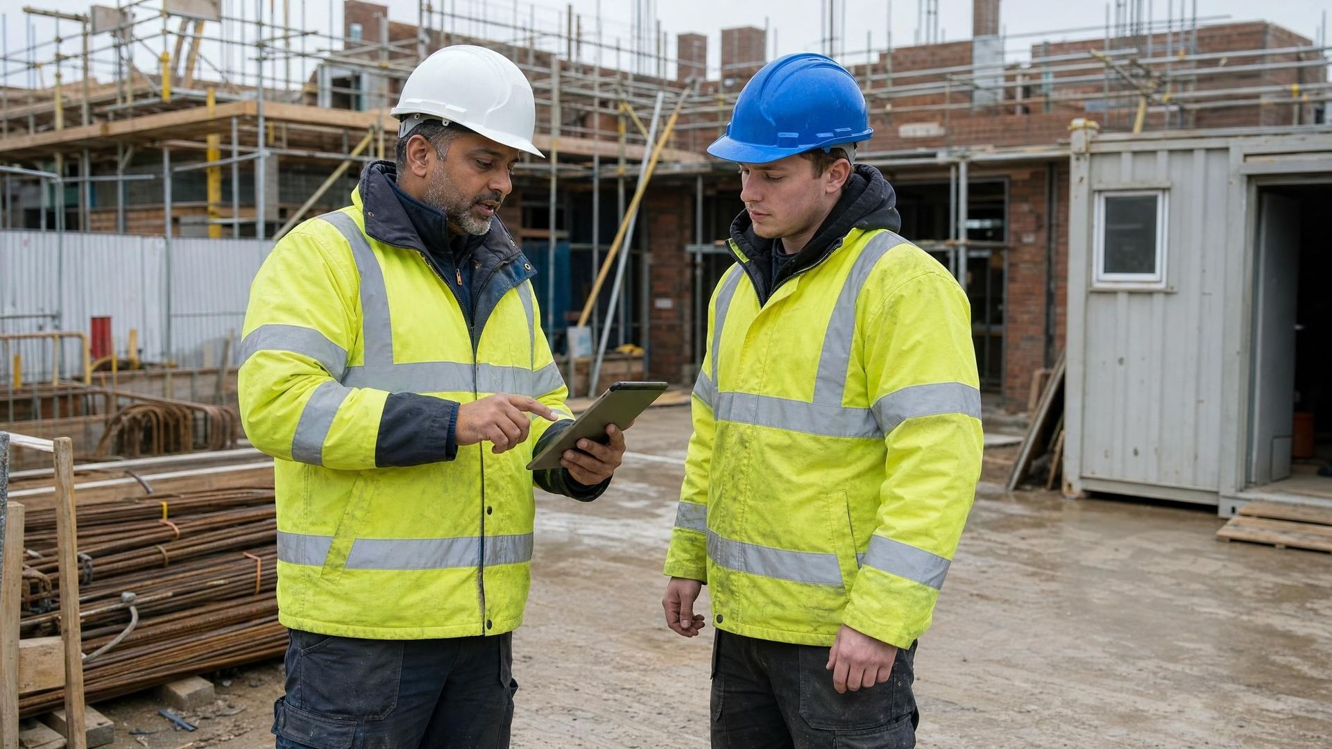 Site manager and operative checking the day’s labour allocation on a UK construction site