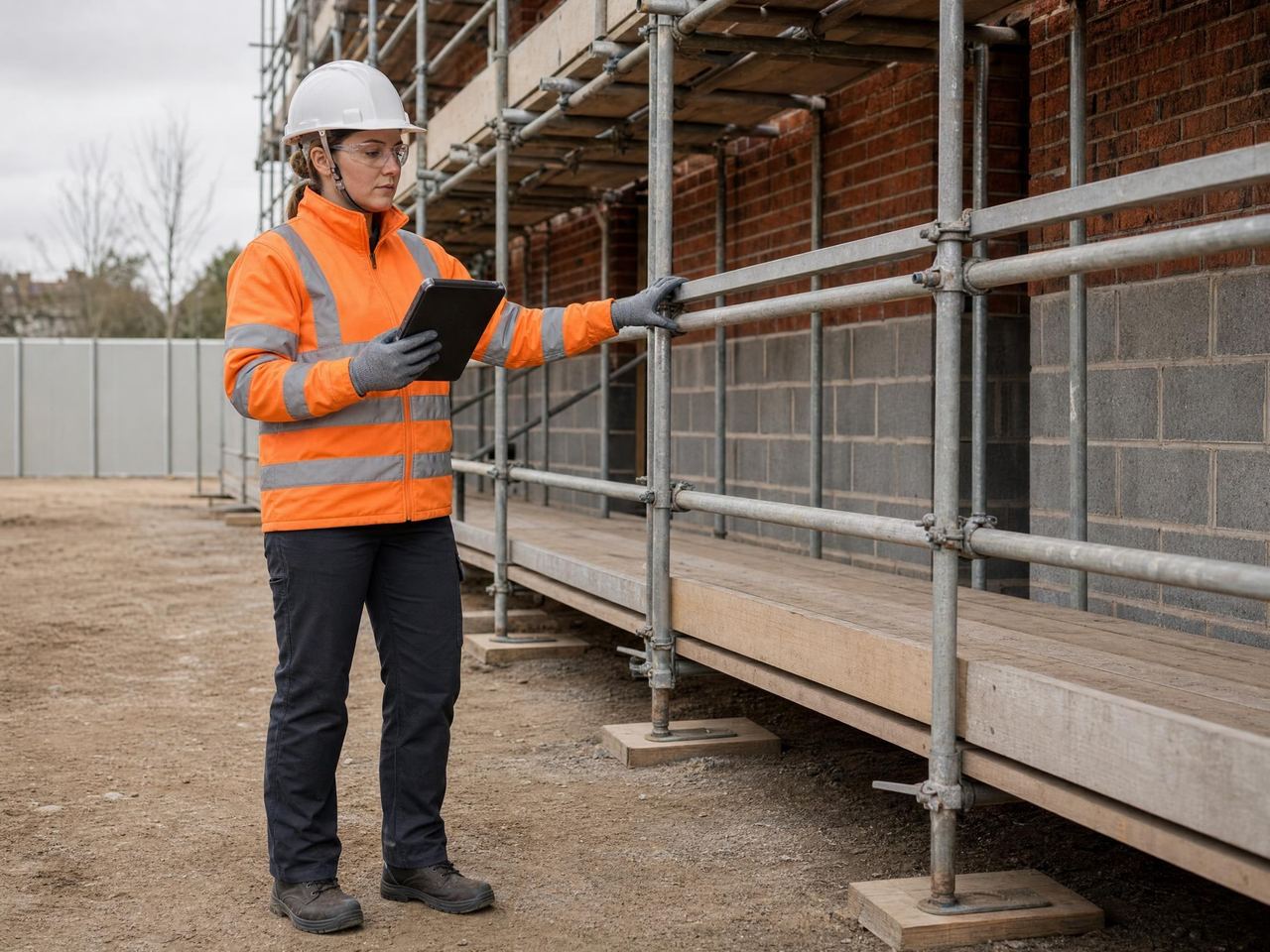 Health and safety manager recording a site inspection and photo evidence on a tablet
