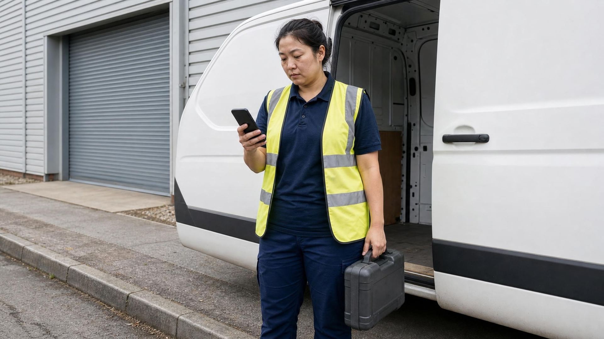 Field service engineer checking the next job on a phone beside the service van