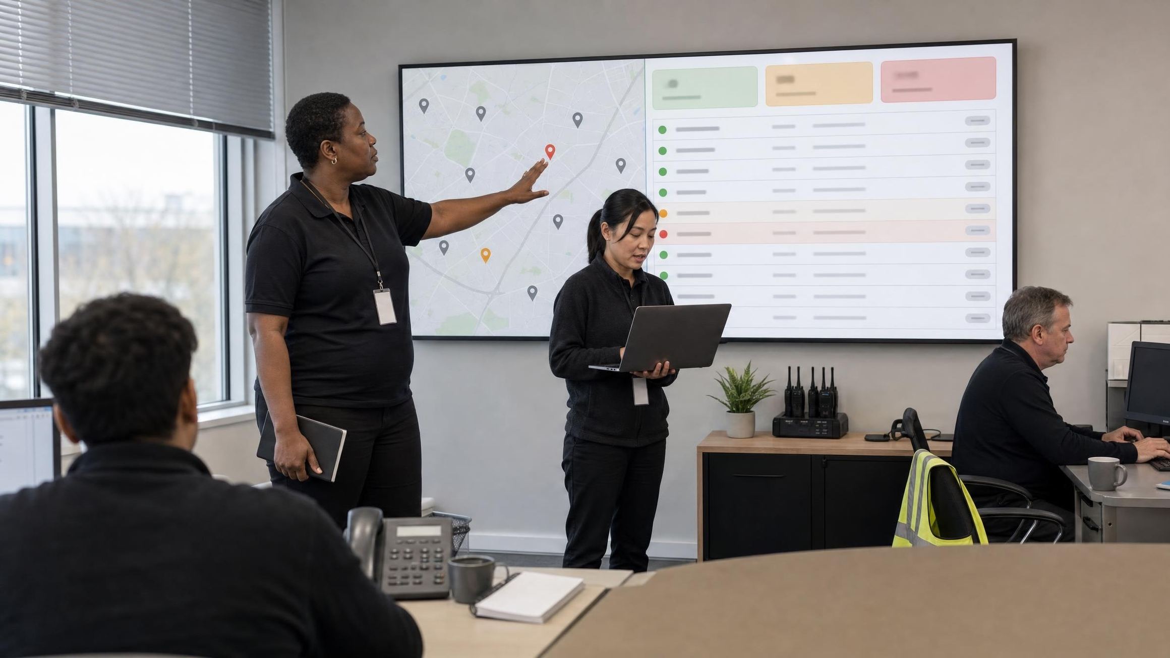 Duty manager and her operations team working the morning shift against a wall display of live location status