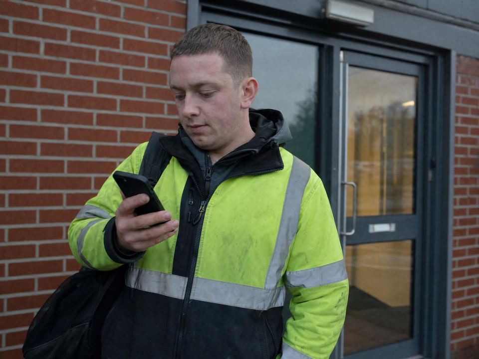 Worker clocking in on a mobile phone at a site entrance at the start of an early shift
