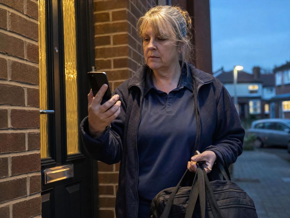 Care worker starting a scheduled check-in on her phone before a solo evening visit