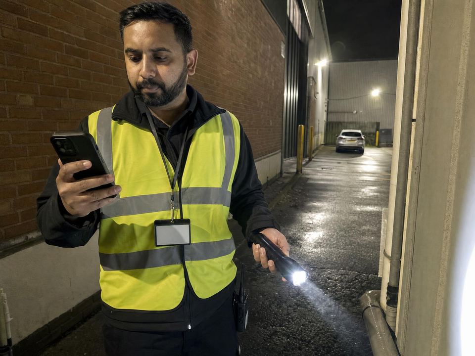 Security officer recording a checkpoint on a mobile phone during a night patrol of a commercial site