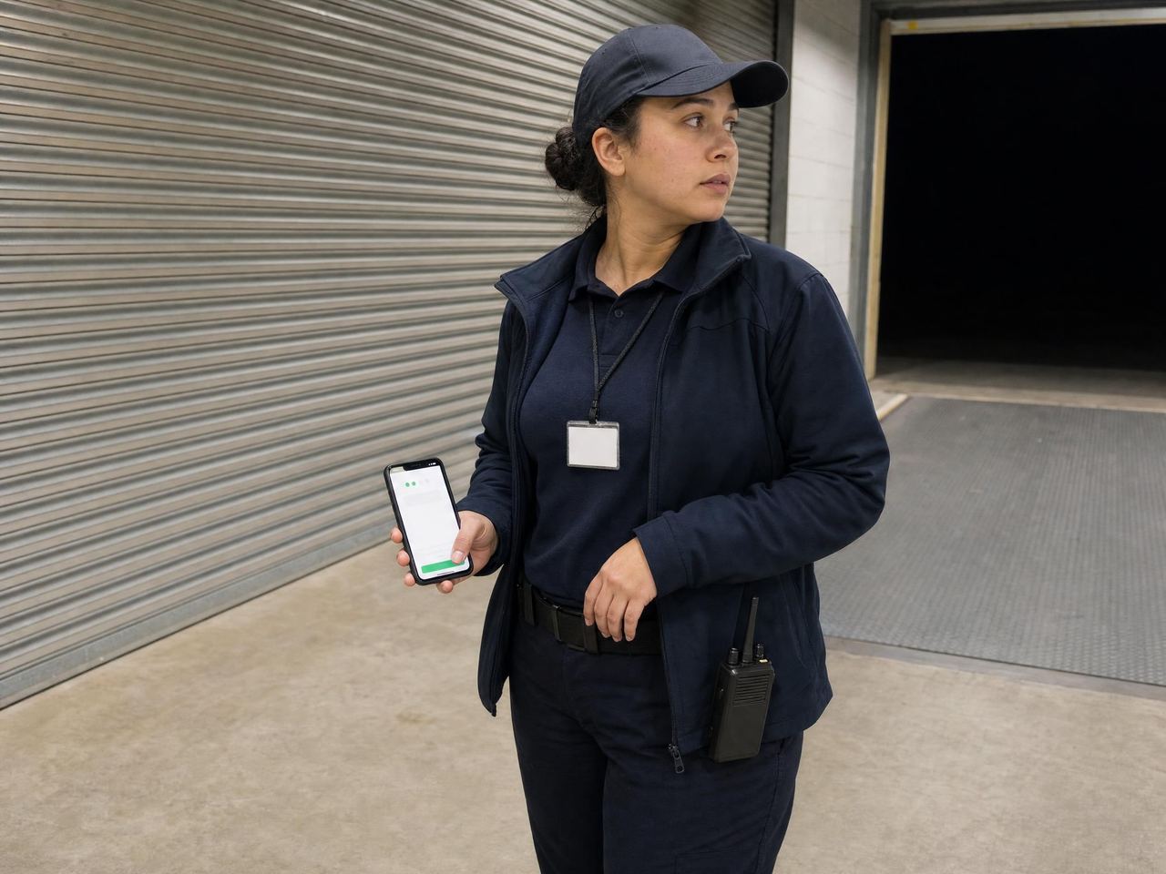 Security officer confirming a patrol checkpoint in the app at a closed loading bay at night