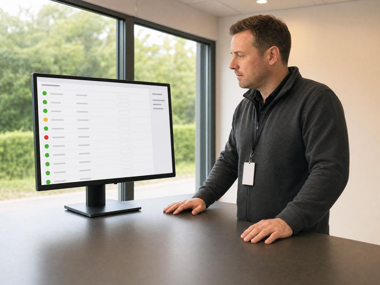 Security operations manager checking lone worker status on the Glix board in a gatehouse office