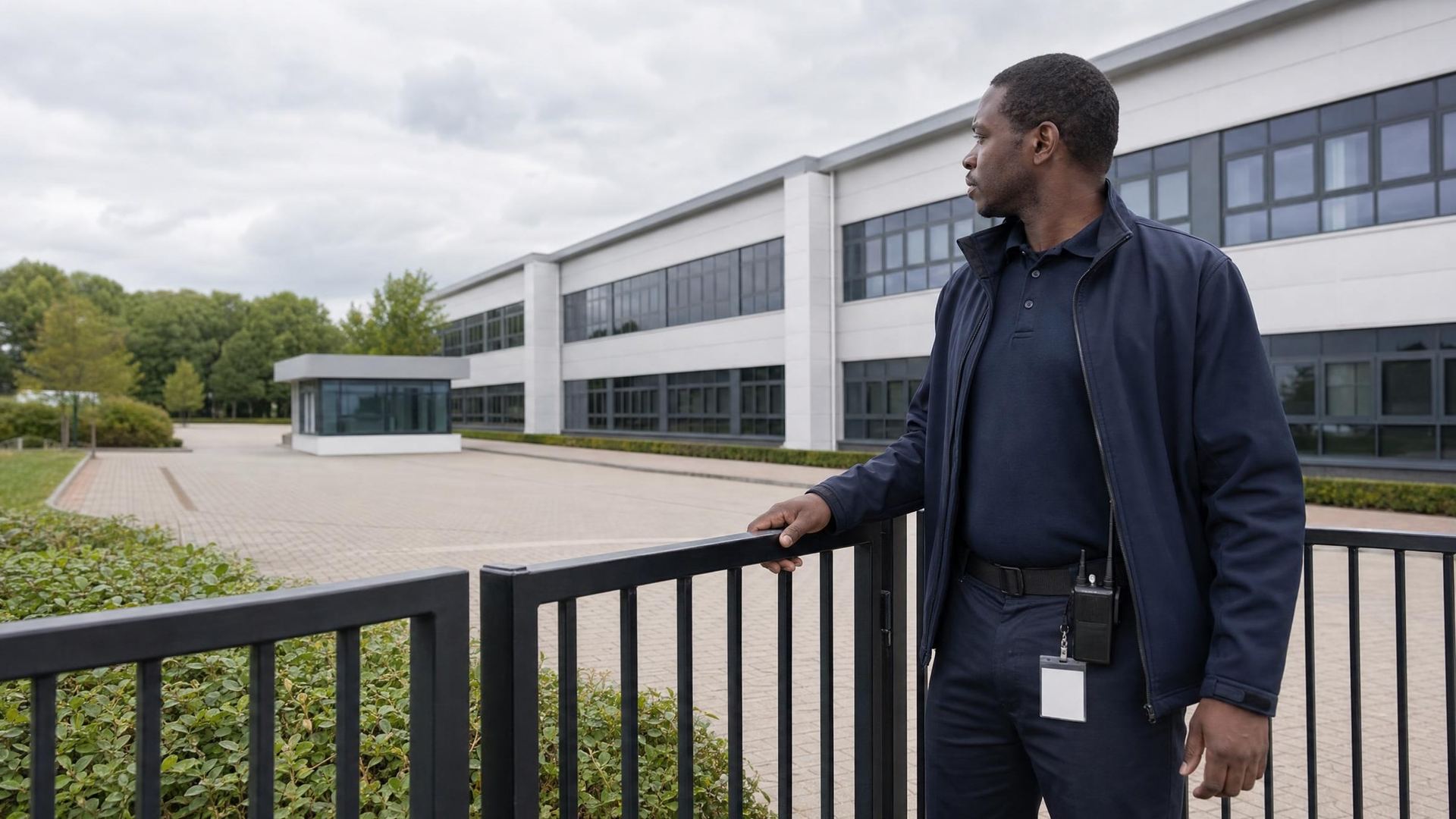 Security officer on station at the boundary of a commercial site, a colleague on their round behind him